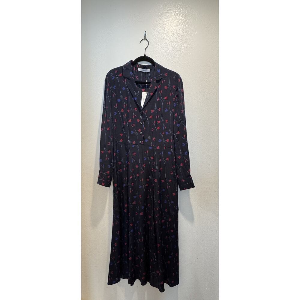 Thakoon Shirt‎ Dress Women’s Size 10 Navy Print 100% Silk Midi Long Sleeve Tulip